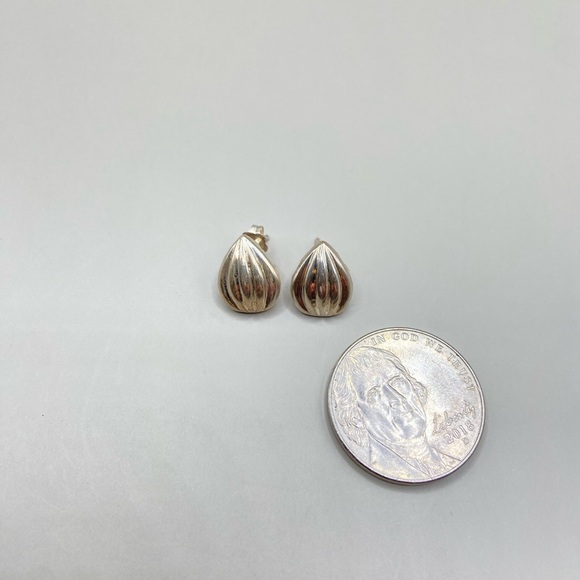Silver Ridged Teardrop Post Earrings - Picture 3 of 4